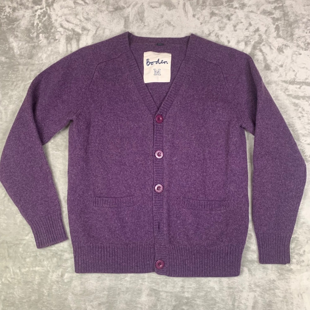 Boden 100% Lambswool V-Neck Cardigan Sweater Womens M Purple Preppy Cozy FLAWS